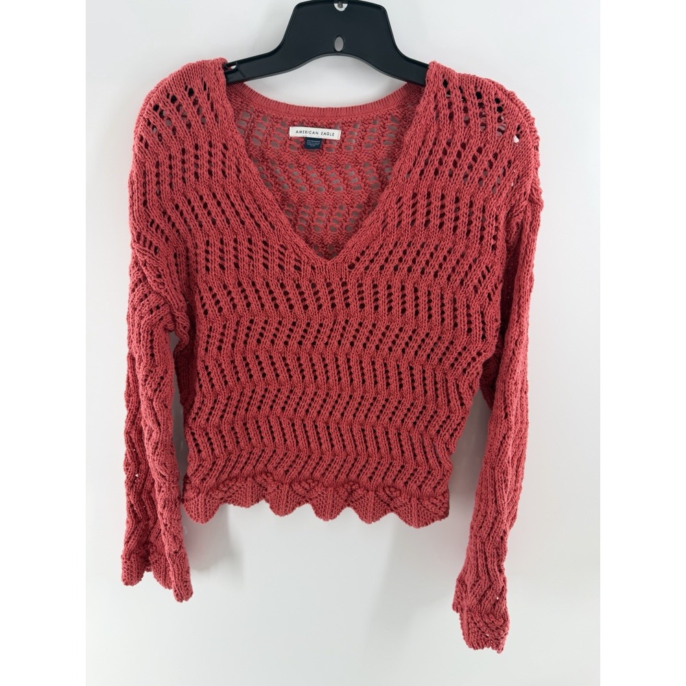 American Eagle Sweater Women XS Red Cropped Pointelle V-Neck Scalloped Hem